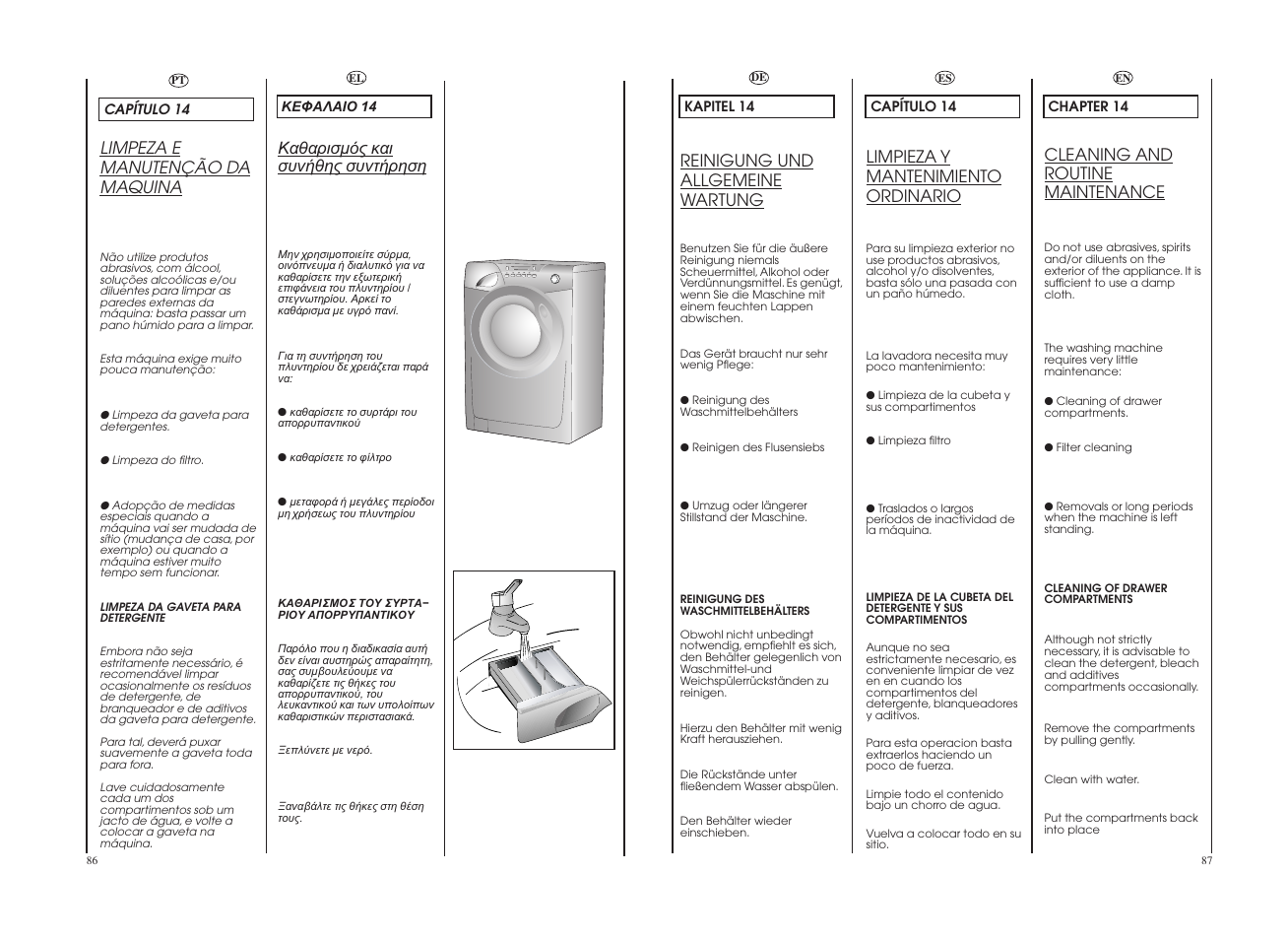 Reinigung und allgemeine wartung, Cleaning and routine maintenance, Limpeza e manutenção da maquina | Limpieza y mantenimiento ordinario | Candy GO W1458-37S User Manual | Page 44 / 49