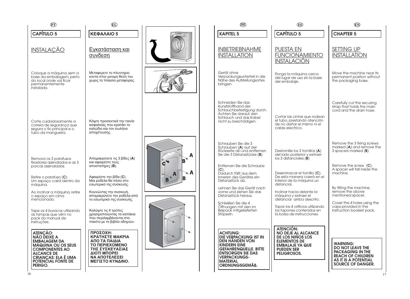 Inbetriebnahme installation, Setting up installation, Instalação | Puesta en funcionamiento instalación | Candy GO W1458-37S User Manual | Page 9 / 49