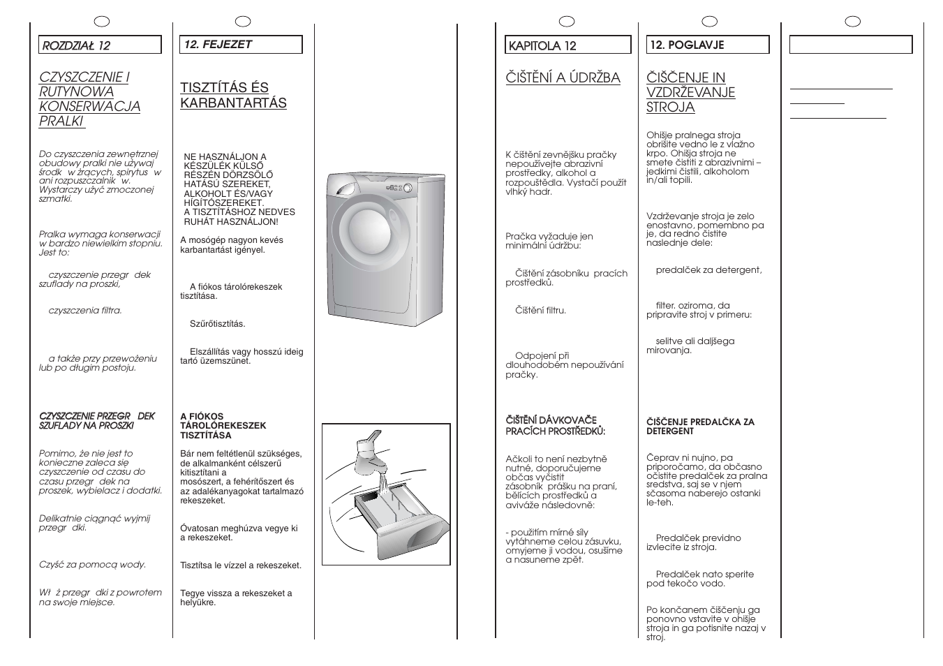 Czyszczenie i rutynowa konserwacja pralki, Öiätëní a údrïba, Cleaning and routine maintenance | Âi·âenje in vzdrîevanje stroja, Tisztítás és karbantartás | Candy GO4 126DF__1-16S User Manual | Page 34 / 41