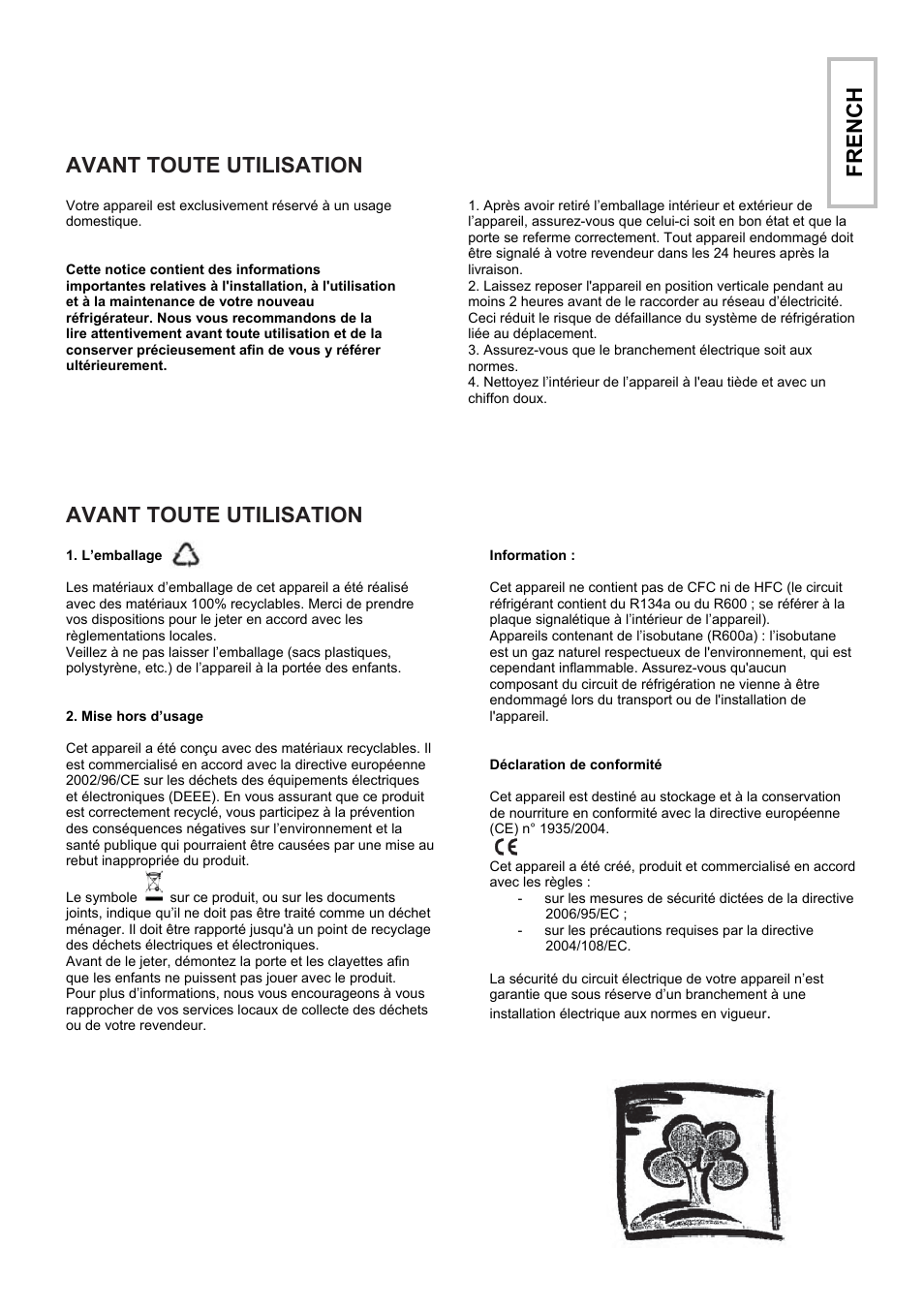 Avant toute utilisation, Fren c h | Candy CFO 2460 E User Manual | Page 18 / 151