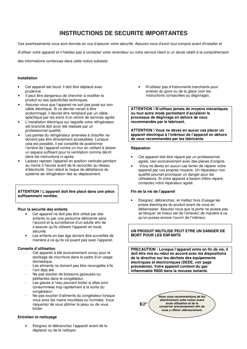 Instructions de securite importantes | Candy CFO 2460 E User Manual | Page 19 / 151