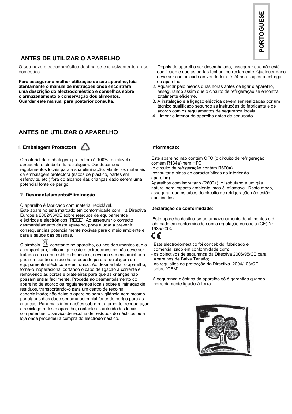 Antes de utilizar o aparelho, Portoguese | Candy CFO 2460 E User Manual | Page 42 / 151