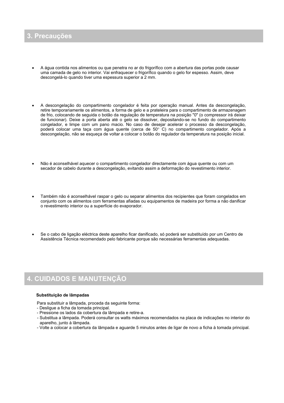 Precauções, Precauções 4. cuidados e manutenção | Candy CFO 2460 E User Manual | Page 46 / 151