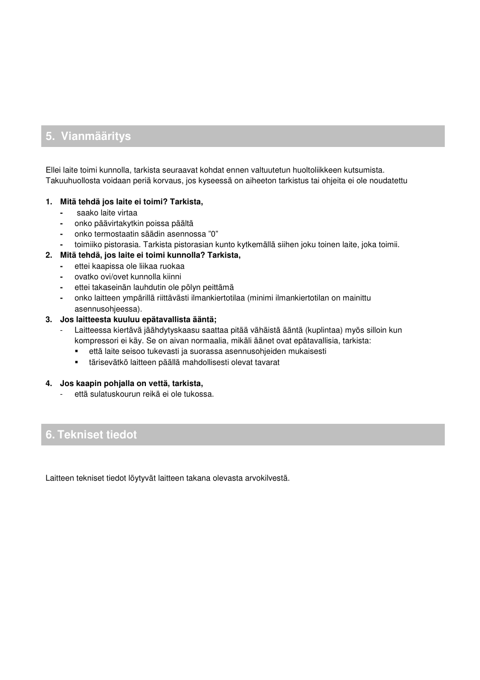 Vianmääritys 6, Tekniset tiedot | Candy CFO 2460 E User Manual | Page 89 / 151