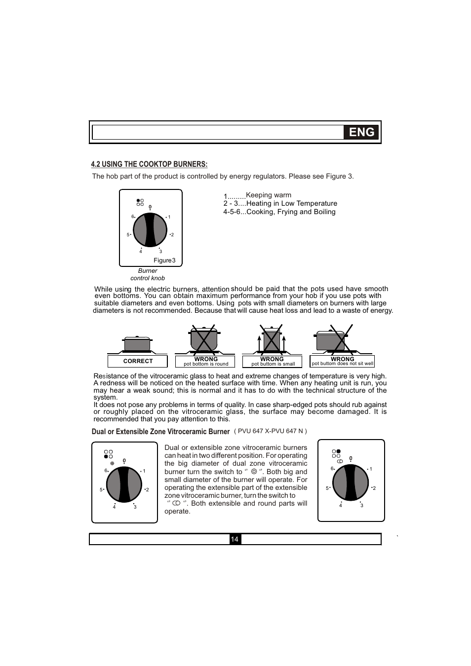 2 using the cooktop burners, Dual or extensible zone vitroceramic burner | Candy PVU 647 X User Manual | Page 16 / 123