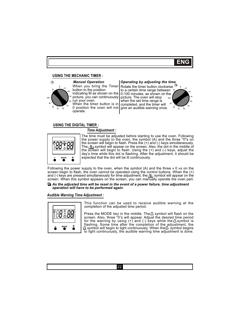 Using the digital timer : time adjustment, Audible warning time adjustment, Using the mechanic timer | Candy PVU 647 X User Manual | Page 24 / 123