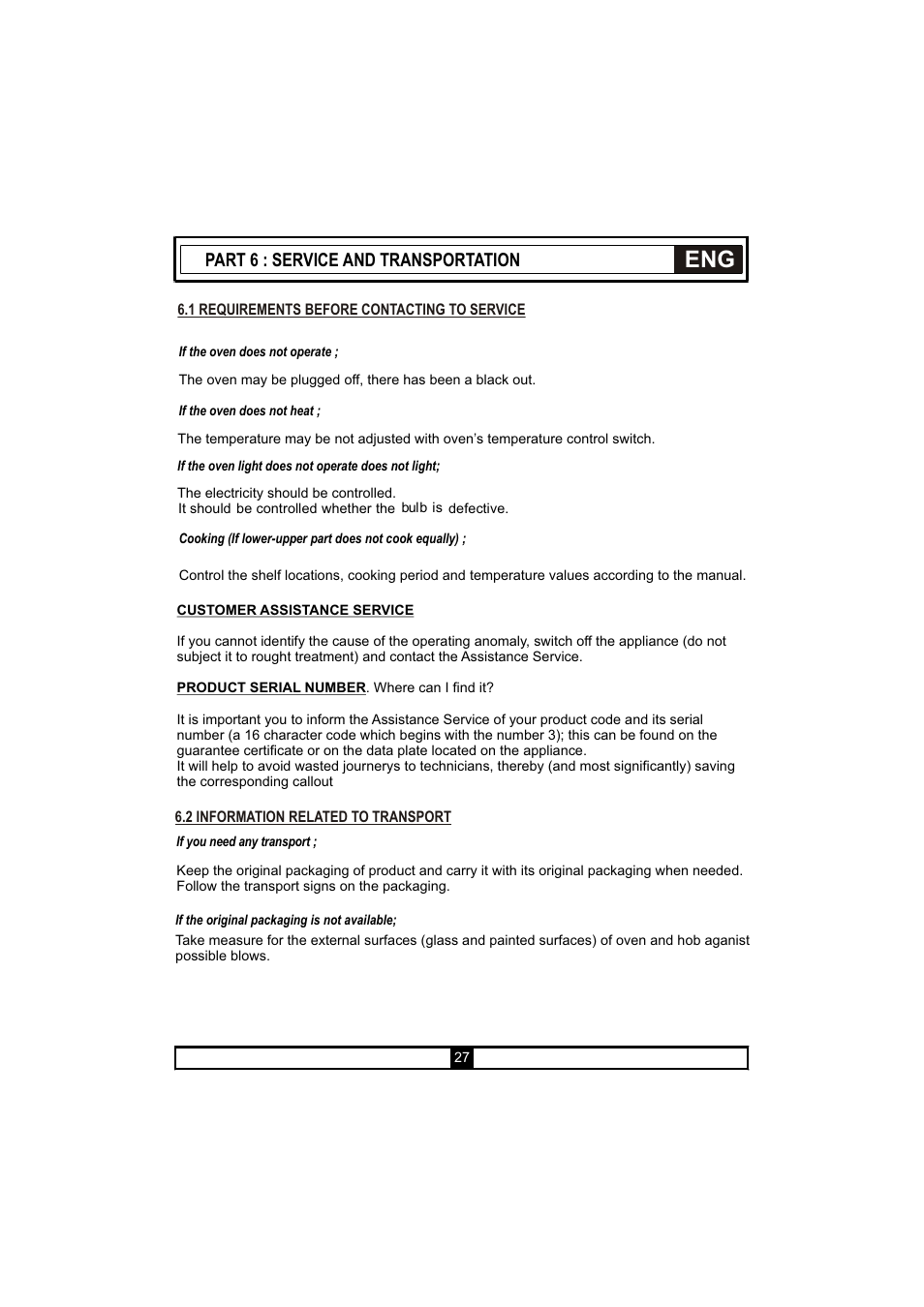 Part 6 : service and transportation | Candy PVU 647 X User Manual | Page 29 / 123