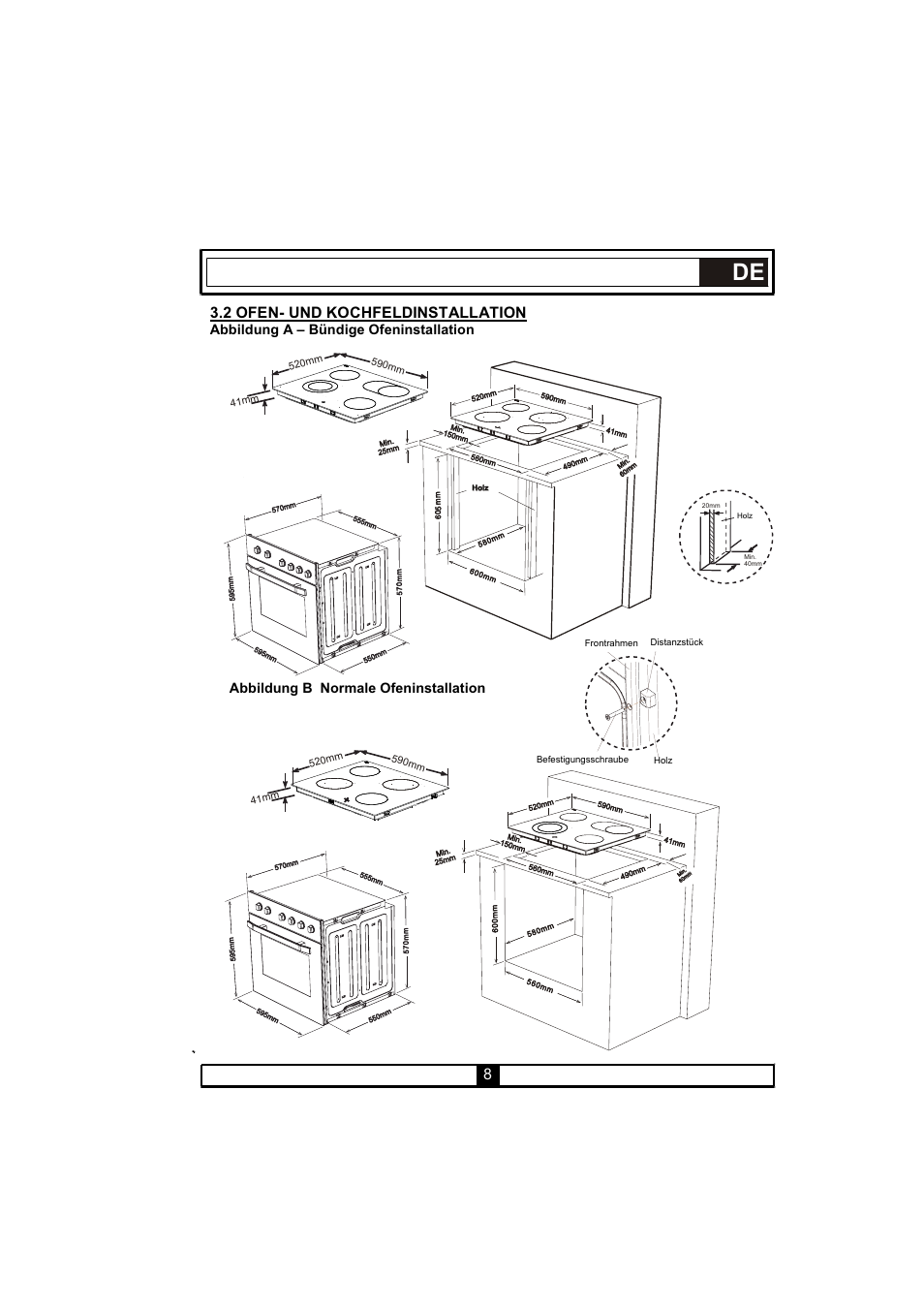 2 ofen- und kochfeldinstallation, Abbildung a – bündige ofeninstallation, Abbildung b normale ofeninstallation | Candy PVU 647 X User Manual | Page 40 / 123