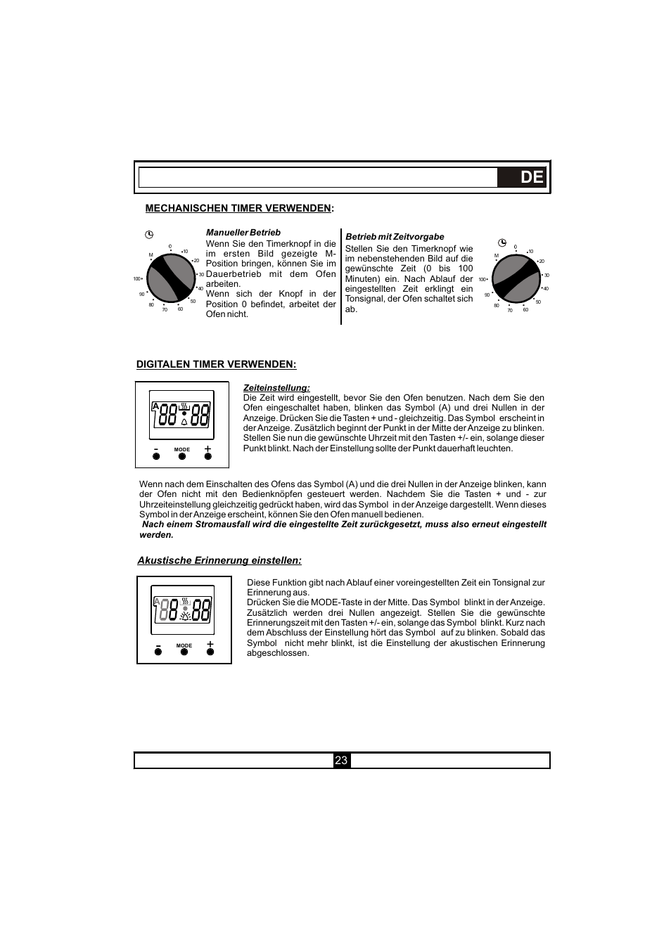 Mechanischen timer verwenden, Digitalen timer verwenden, Akustische erinnerung einstellen | Candy PVU 647 X User Manual | Page 55 / 123