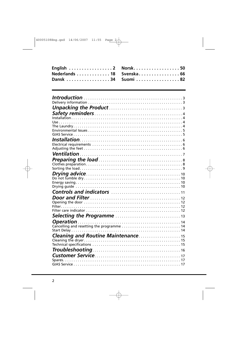 Introduction, Unpacking the product, Safety reminders | Installation, Ventilation, Preparing the load, Drying advice, Controls and indicators, Door and filter, Selecting the programme | Candy GO DV38-14S User Manual | Page 2 / 98
