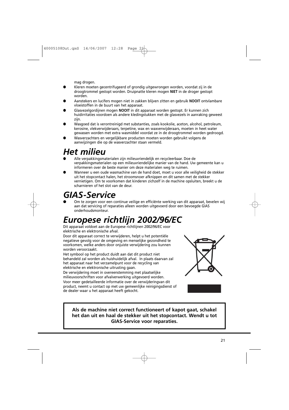 Het milieu, Gias-service | Candy GO DV38-14S User Manual | Page 21 / 98