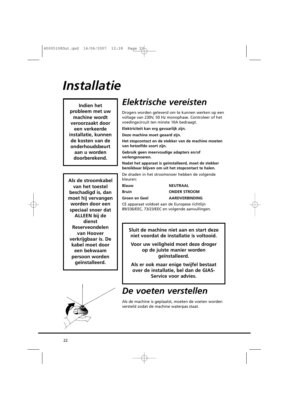 Installatie, Elektrische vereisten, De voeten verstellen | Candy GO DV38-14S User Manual | Page 22 / 98