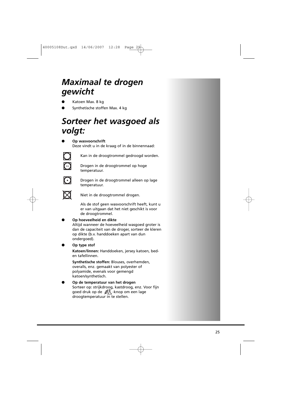 Maximaal te drogen gewicht, Sorteer het wasgoed als volgt | Candy GO DV38-14S User Manual | Page 25 / 98