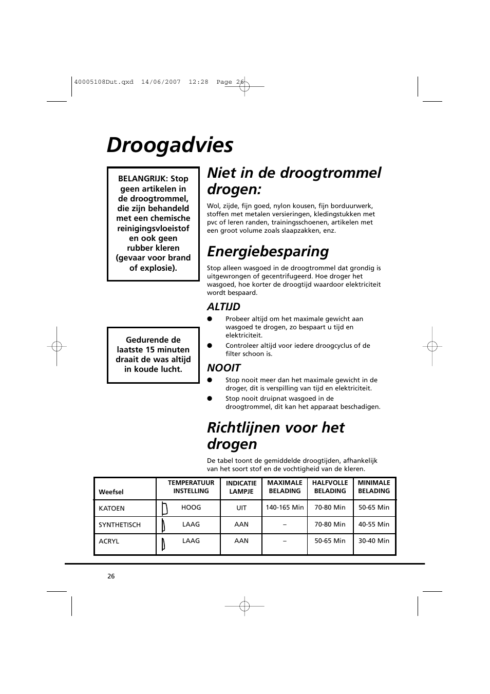 Droogadvies, Niet in de droogtrommel drogen, Energiebesparing | Richtlijnen voor het drogen, Altijd, Nooit | Candy GO DV38-14S User Manual | Page 26 / 98