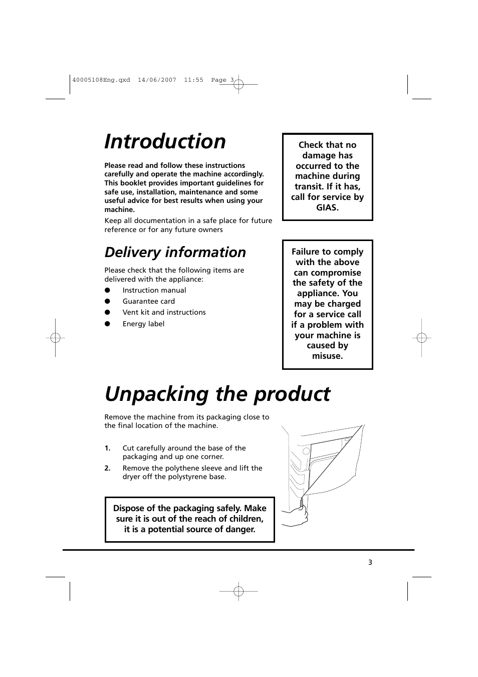 Introduction, Unpacking the product, Delivery information | Candy GO DV38-14S User Manual | Page 3 / 98