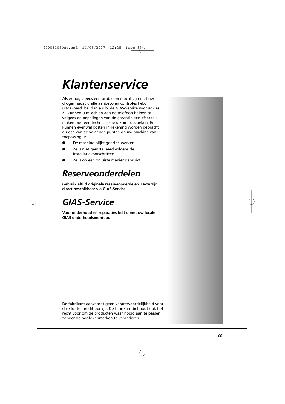 Klantenservice, Reserveonderdelen, Gias-service | Candy GO DV38-14S User Manual | Page 33 / 98