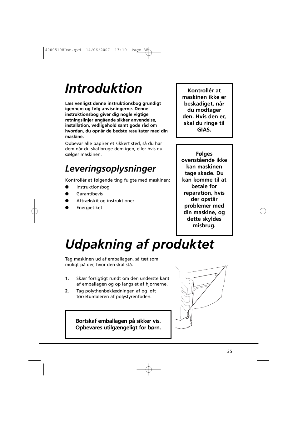 Introduktion, Udpakning af produktet, Leveringsoplysninger | Candy GO DV38-14S User Manual | Page 35 / 98