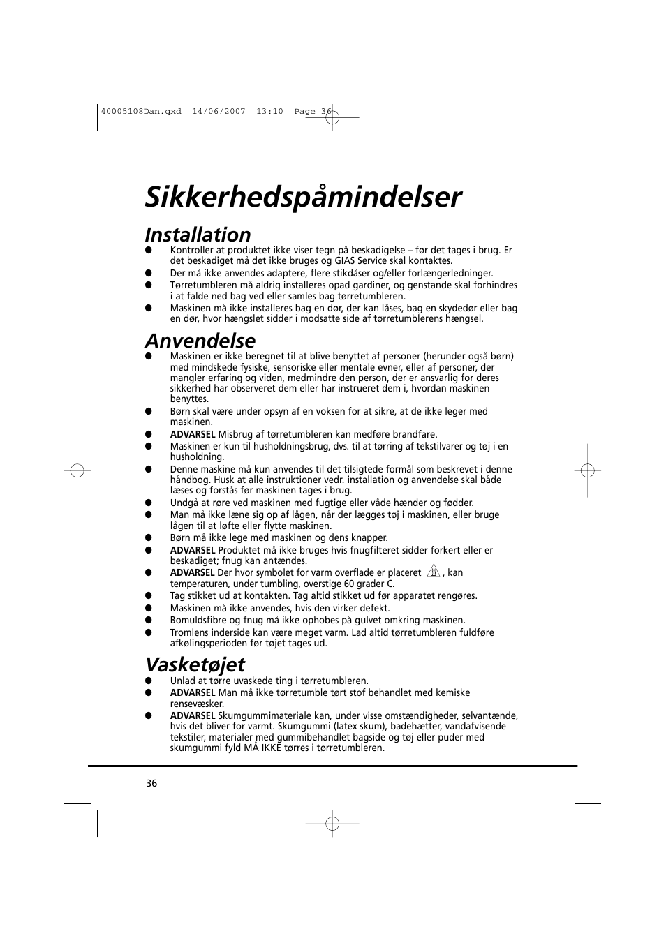 Sikkerhedspåmindelser, Installation, Anvendelse | Vasketøjet | Candy GO DV38-14S User Manual | Page 36 / 98