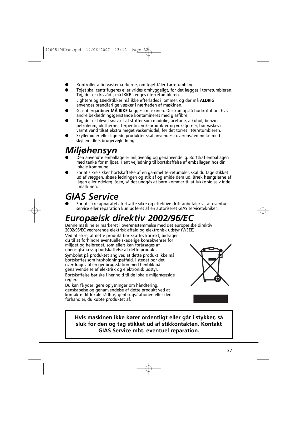 Miljøhensyn, Gias service | Candy GO DV38-14S User Manual | Page 37 / 98
