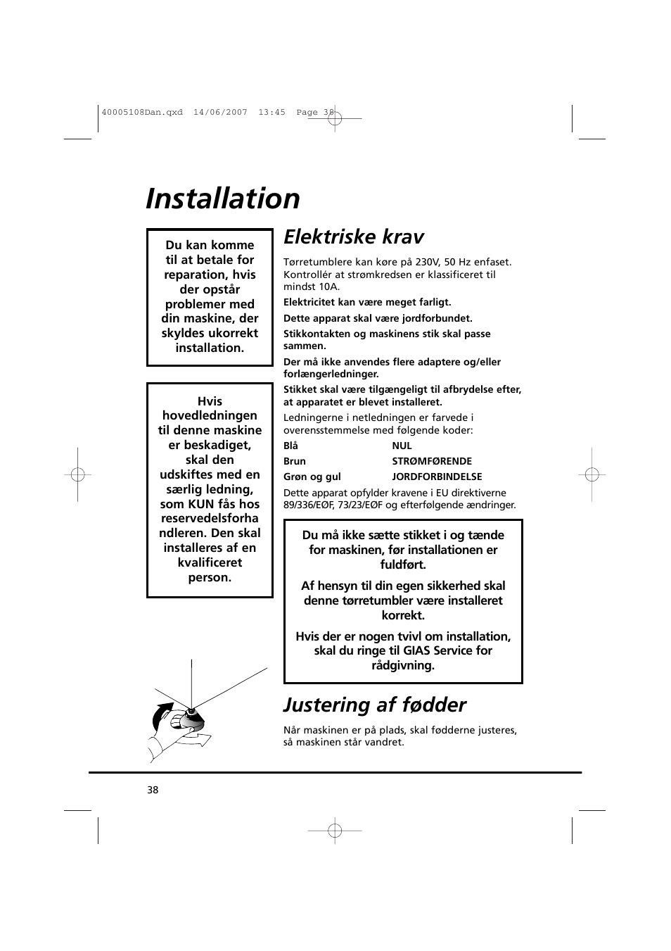 Installation, Elektriske krav, Justering af fødder | Candy GO DV38-14S User Manual | Page 38 / 98