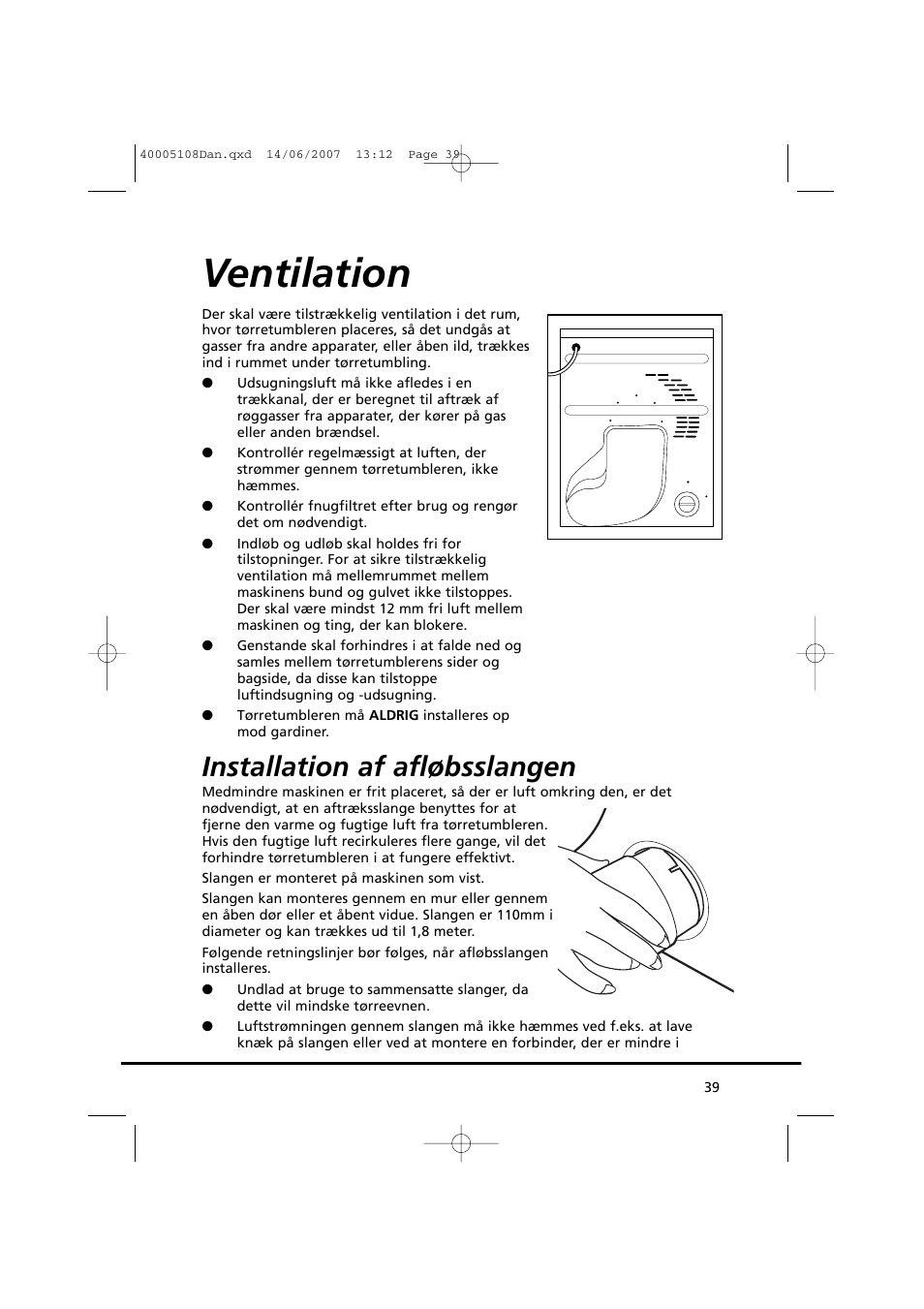 Ventilation, Installation af afløbsslangen | Candy GO DV38-14S User Manual | Page 39 / 98