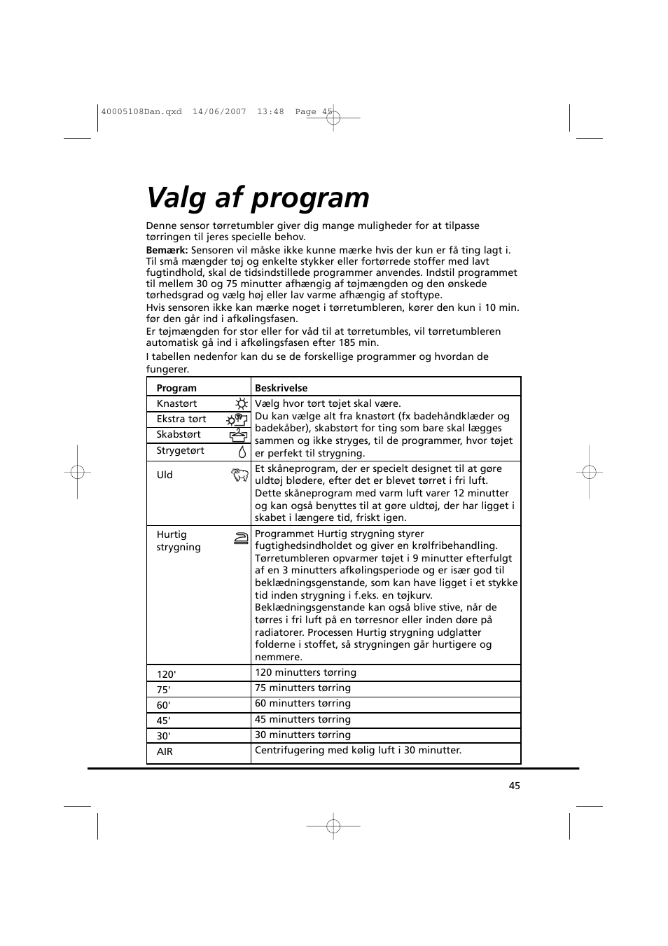 Valg af program | Candy GO DV38-14S User Manual | Page 45 / 98