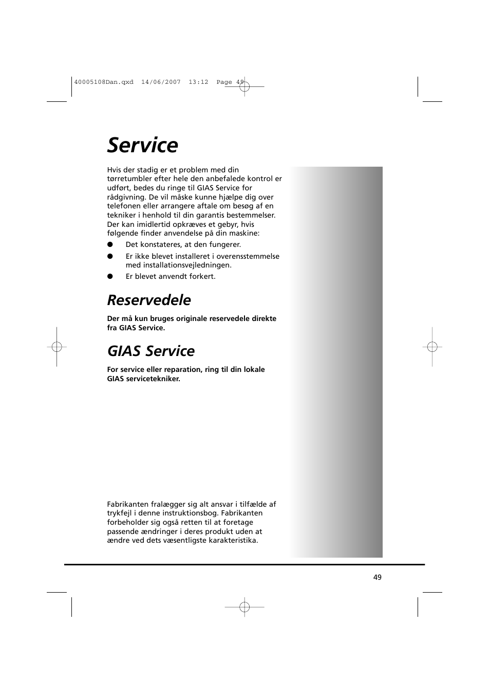 Service, Reservedele, Gias service | Candy GO DV38-14S User Manual | Page 49 / 98