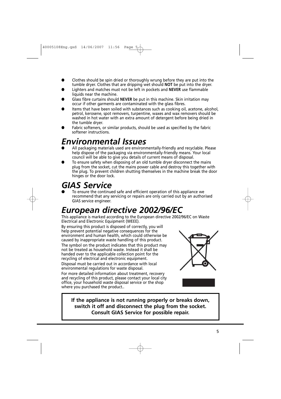 Environmental issues, Gias service | Candy GO DV38-14S User Manual | Page 5 / 98