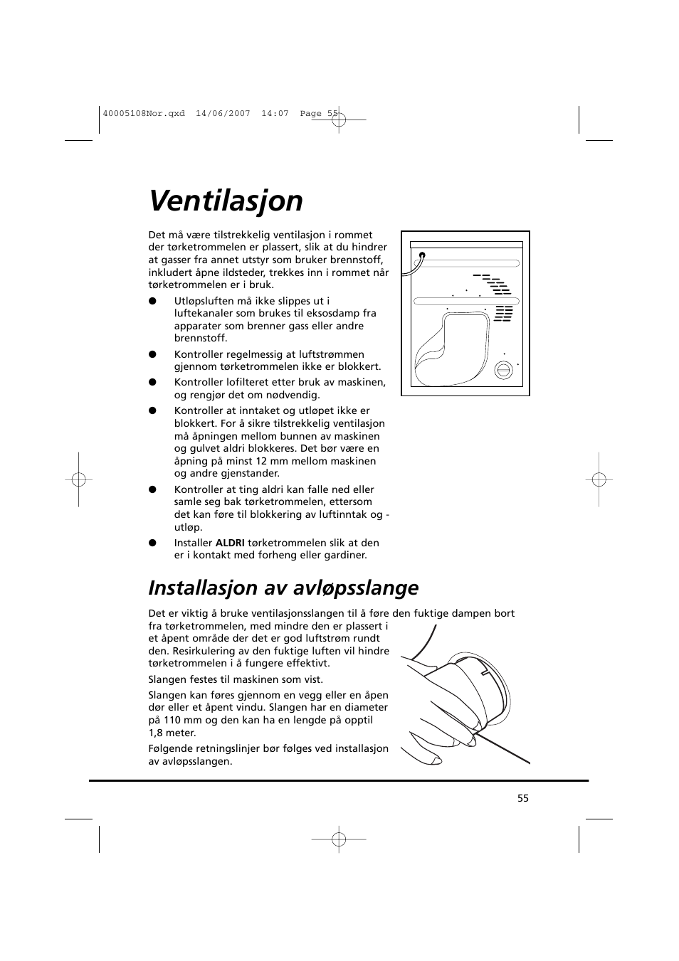Ventilasjon, Installasjon av avløpsslange | Candy GO DV38-14S User Manual | Page 55 / 98