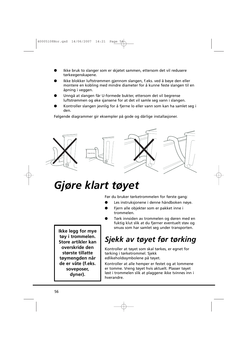 Gjøre klart tøyet, Sjekk av tøyet før tørking | Candy GO DV38-14S User Manual | Page 56 / 98
