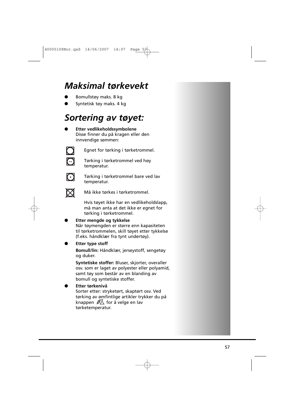 Maksimal tørkevekt, Sortering av tøyet | Candy GO DV38-14S User Manual | Page 57 / 98