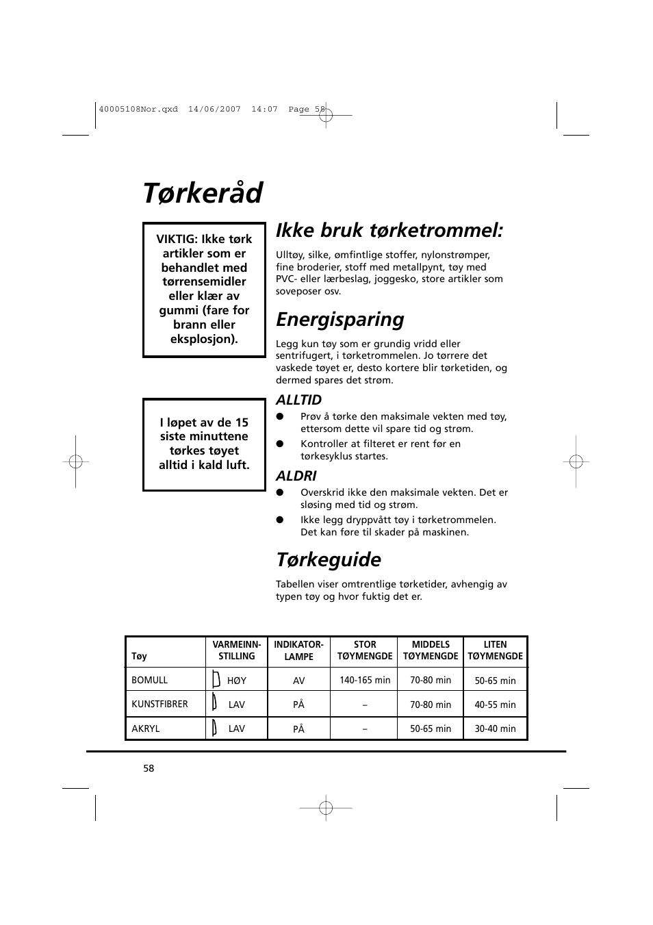 Tørkeråd, Ikke bruk tørketrommel, Energisparing | Tørkeguide, Alltid, Aldri | Candy GO DV38-14S User Manual | Page 58 / 98