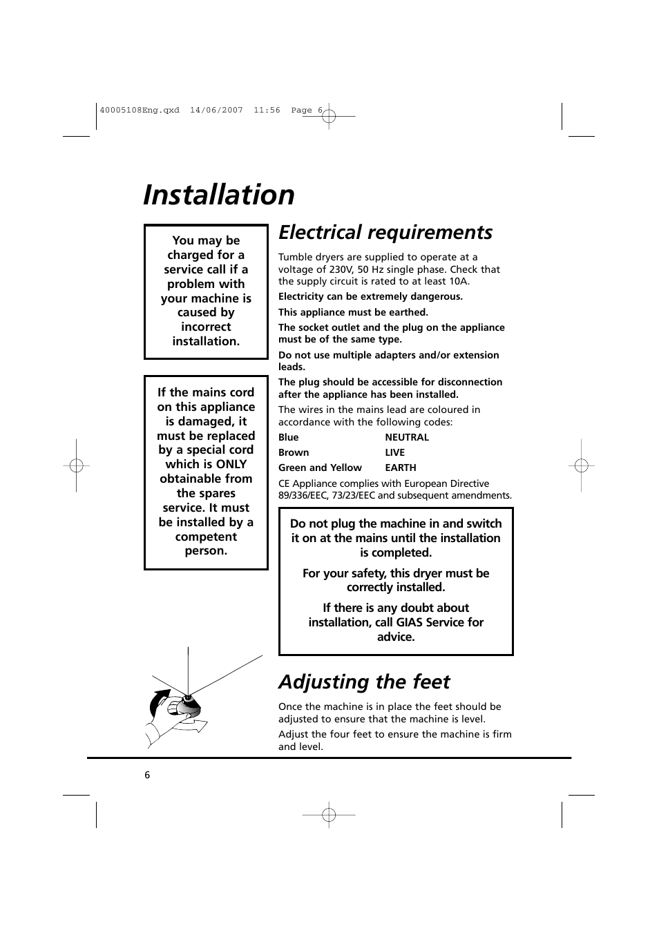 Installation, Electrical requirements, Adjusting the feet | Candy GO DV38-14S User Manual | Page 6 / 98