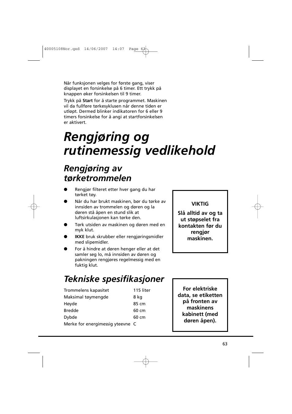 Rengjøring og rutinemessig vedlikehold, Rengjøring av tørketrommelen, Tekniske spesifikasjoner | Candy GO DV38-14S User Manual | Page 63 / 98