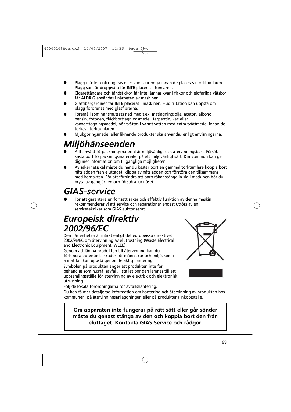 Miljöhänseenden, Gias-service | Candy GO DV38-14S User Manual | Page 69 / 98