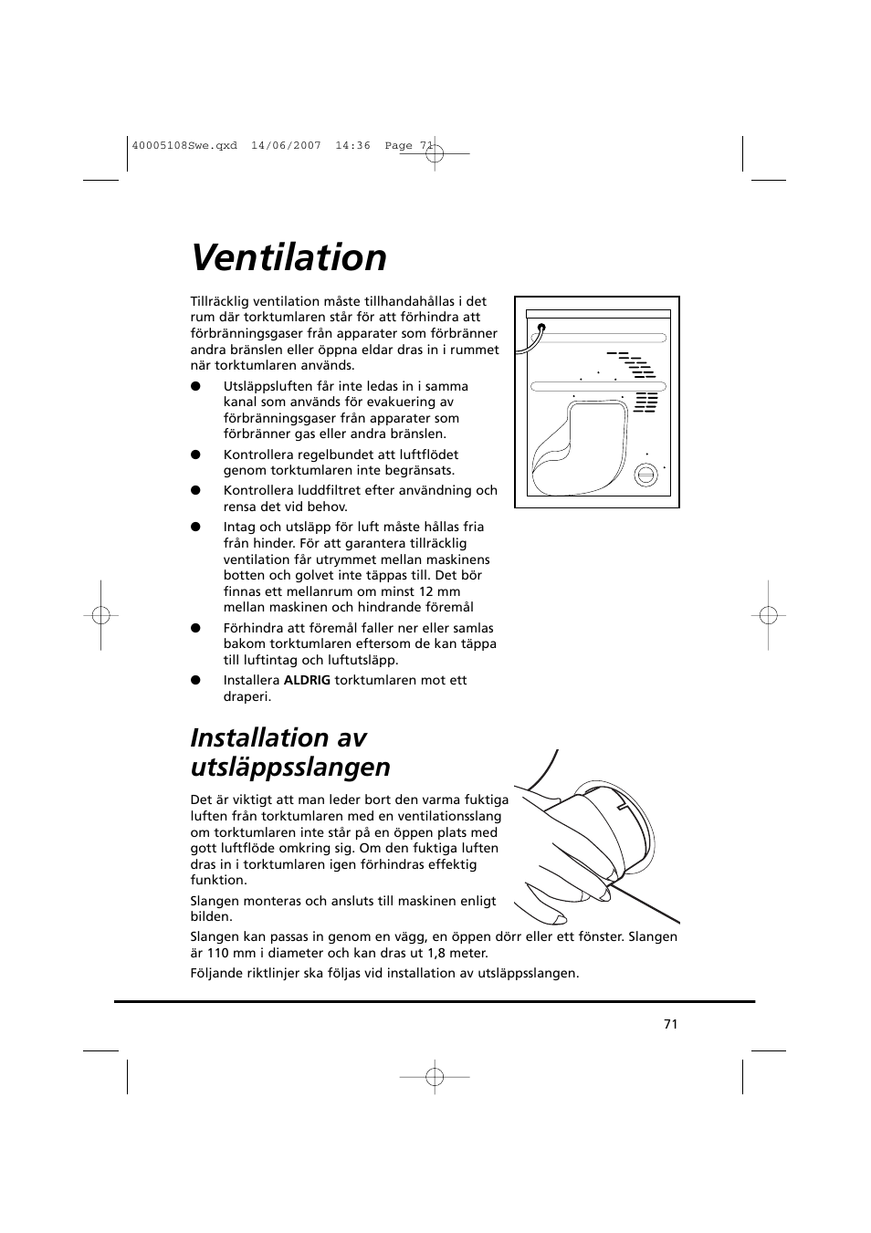 Ventilation, Installation av utsläppsslangen | Candy GO DV38-14S User Manual | Page 71 / 98