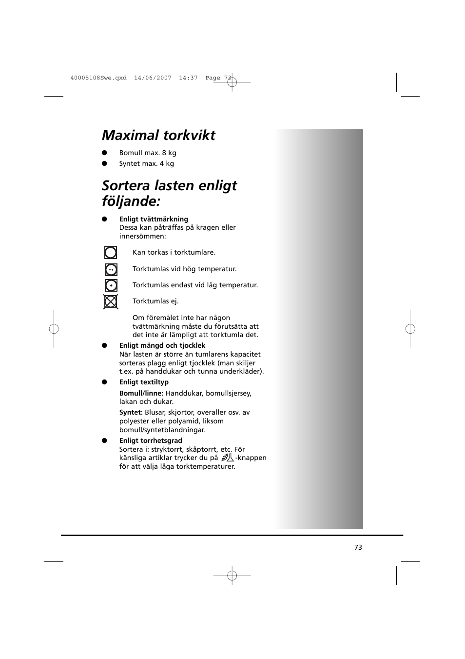 Maximal torkvikt, Sortera lasten enligt följande | Candy GO DV38-14S User Manual | Page 73 / 98