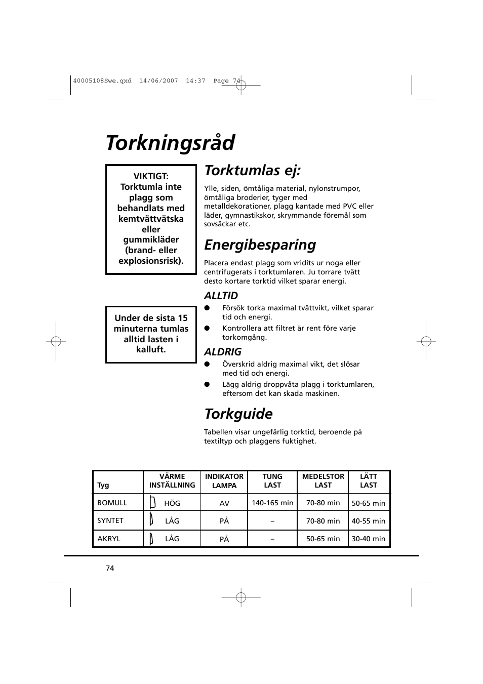 Torkningsråd, Torktumlas ej, Energibesparing | Torkguide, Alltid, Aldrig | Candy GO DV38-14S User Manual | Page 74 / 98