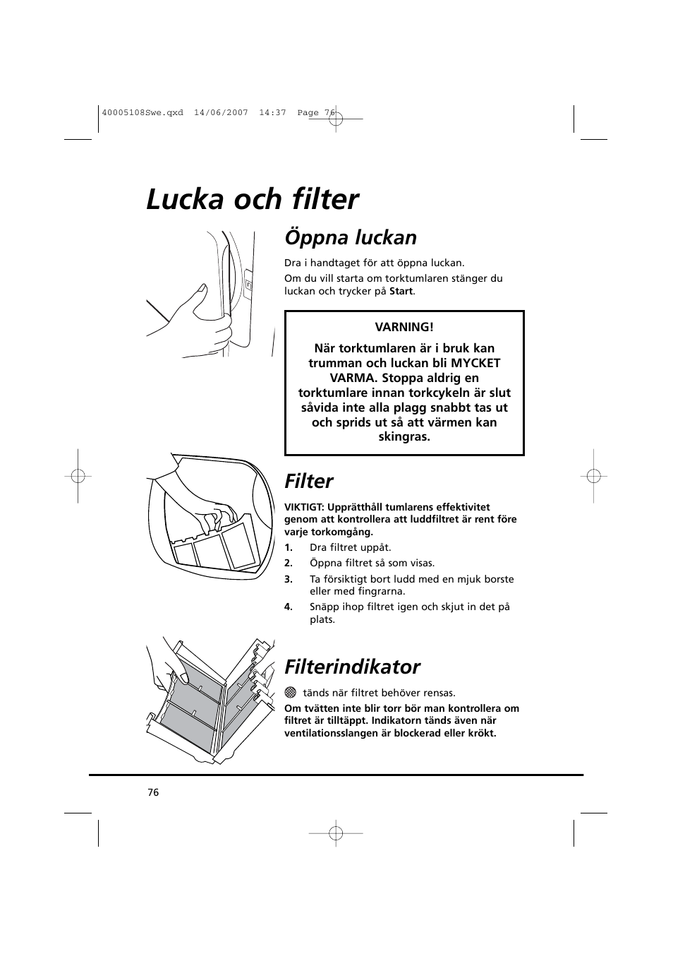 Lucka och filter, Öppna luckan, Filter | Filterindikator | Candy GO DV38-14S User Manual | Page 76 / 98