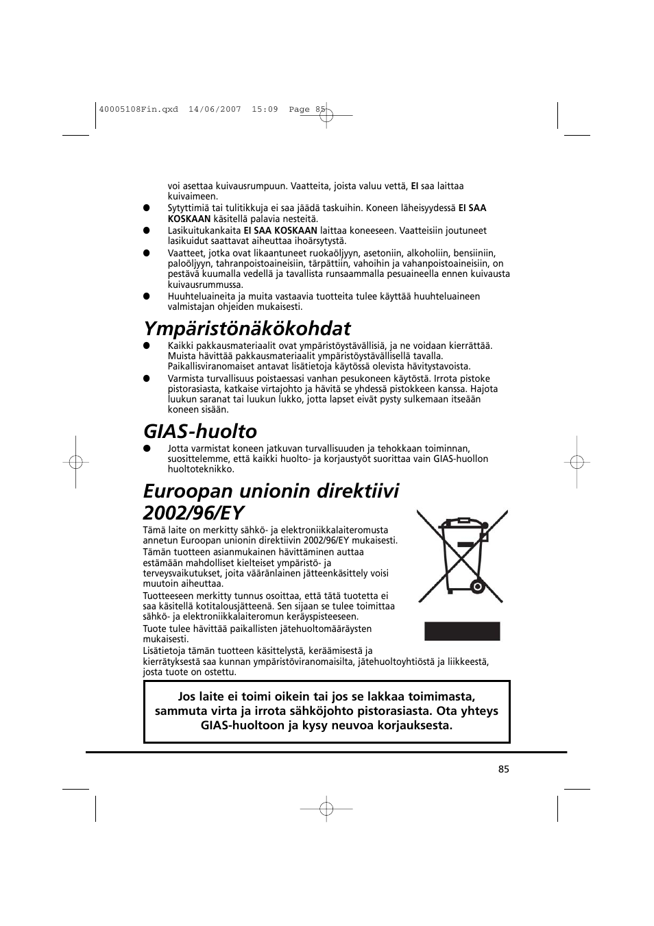 Ympäristönäkökohdat, Gias-huolto | Candy GO DV38-14S User Manual | Page 85 / 98