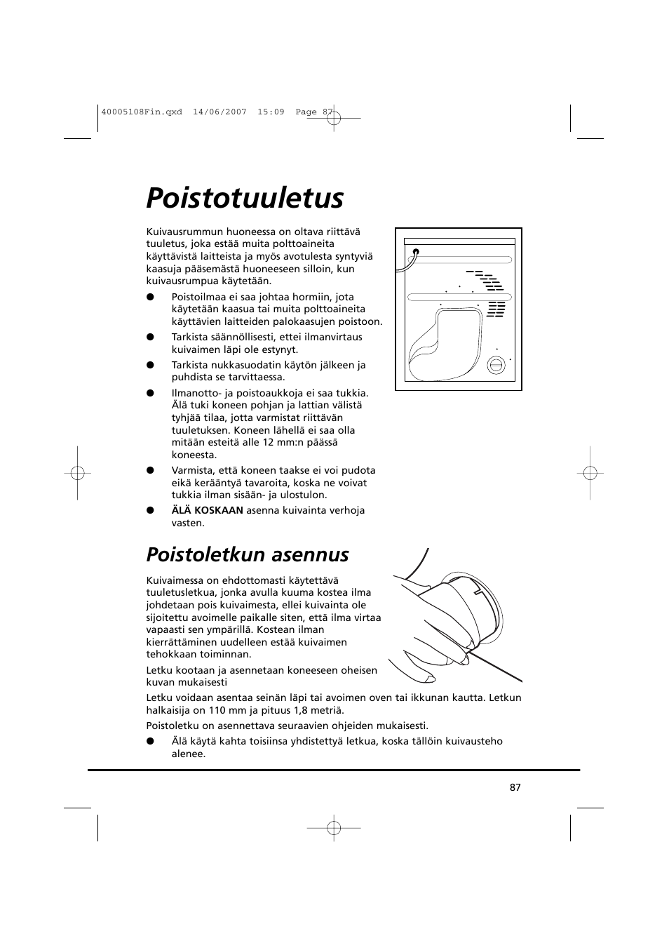 Poistotuuletus, Poistoletkun asennus | Candy GO DV38-14S User Manual | Page 87 / 98