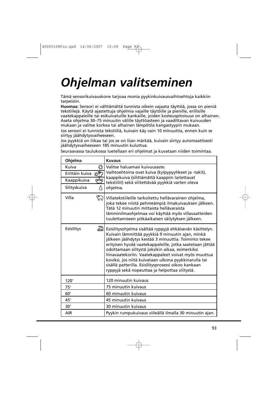 Ohjelman valitseminen | Candy GO DV38-14S User Manual | Page 93 / 98