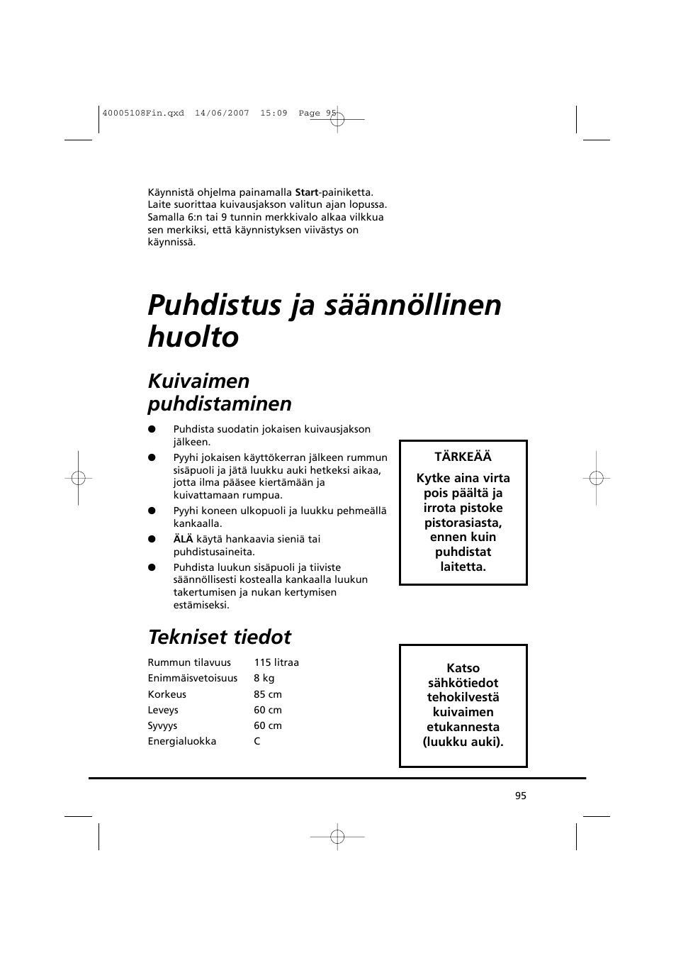Puhdistus ja säännöllinen huolto, Kuivaimen puhdistaminen, Tekniset tiedot | Candy GO DV38-14S User Manual | Page 95 / 98