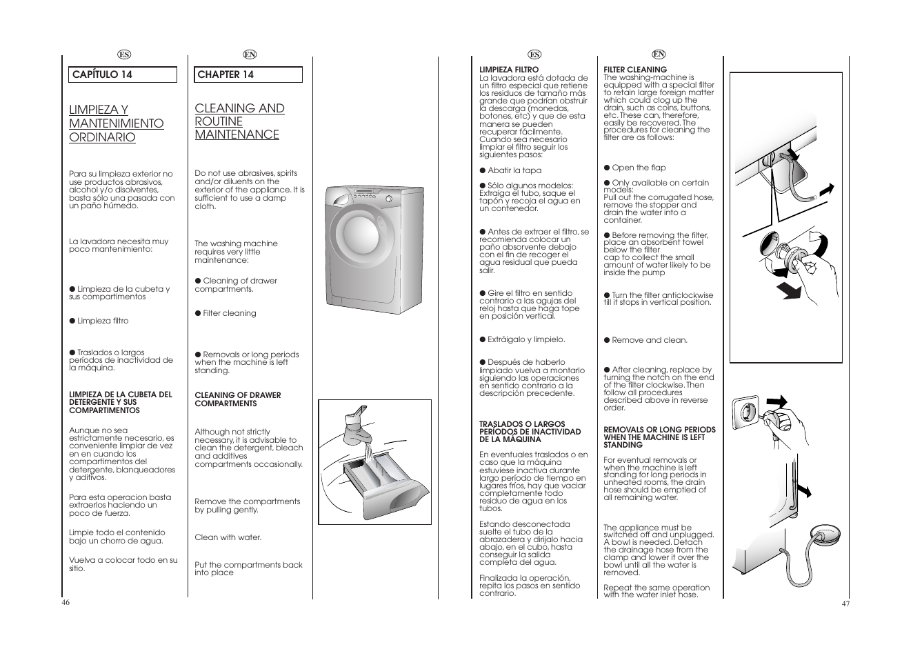 Cleaning and routine maintenance, Limpieza y mantenimiento ordinario | Candy GO W496D-12S User Manual | Page 24 / 29
