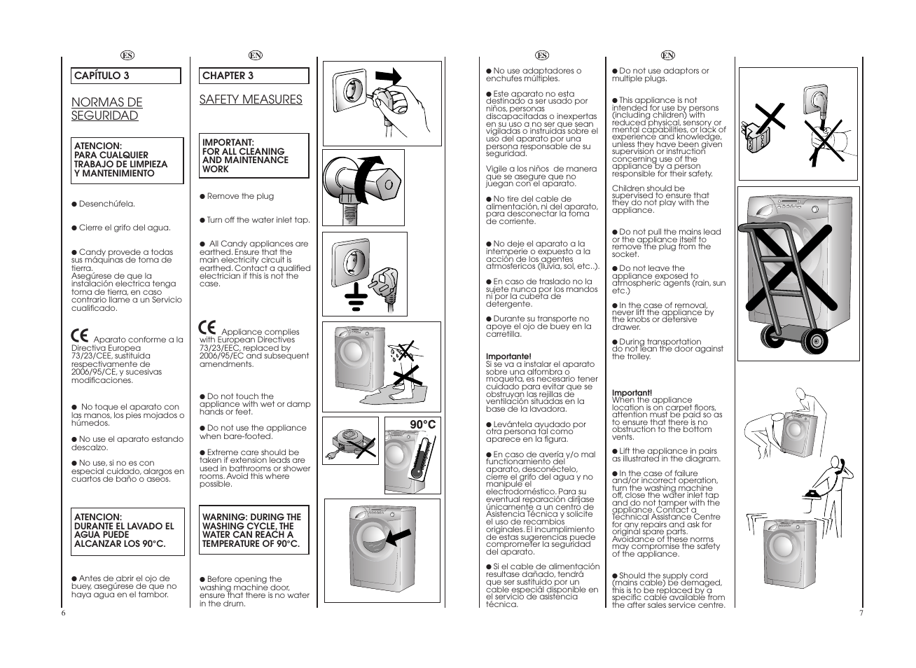 Safety measures, Normas de seguridad | Candy GO W496D-12S User Manual | Page 4 / 29