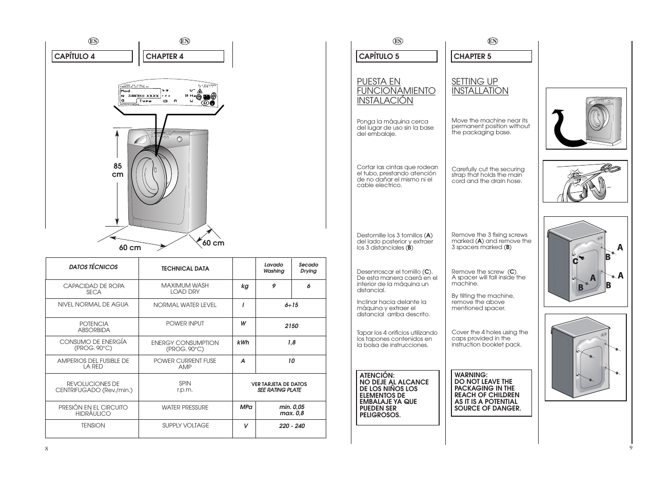 Setting up installation, Puesta en funcionamiento instalación | Candy GO W496D-12S User Manual | Page 5 / 29