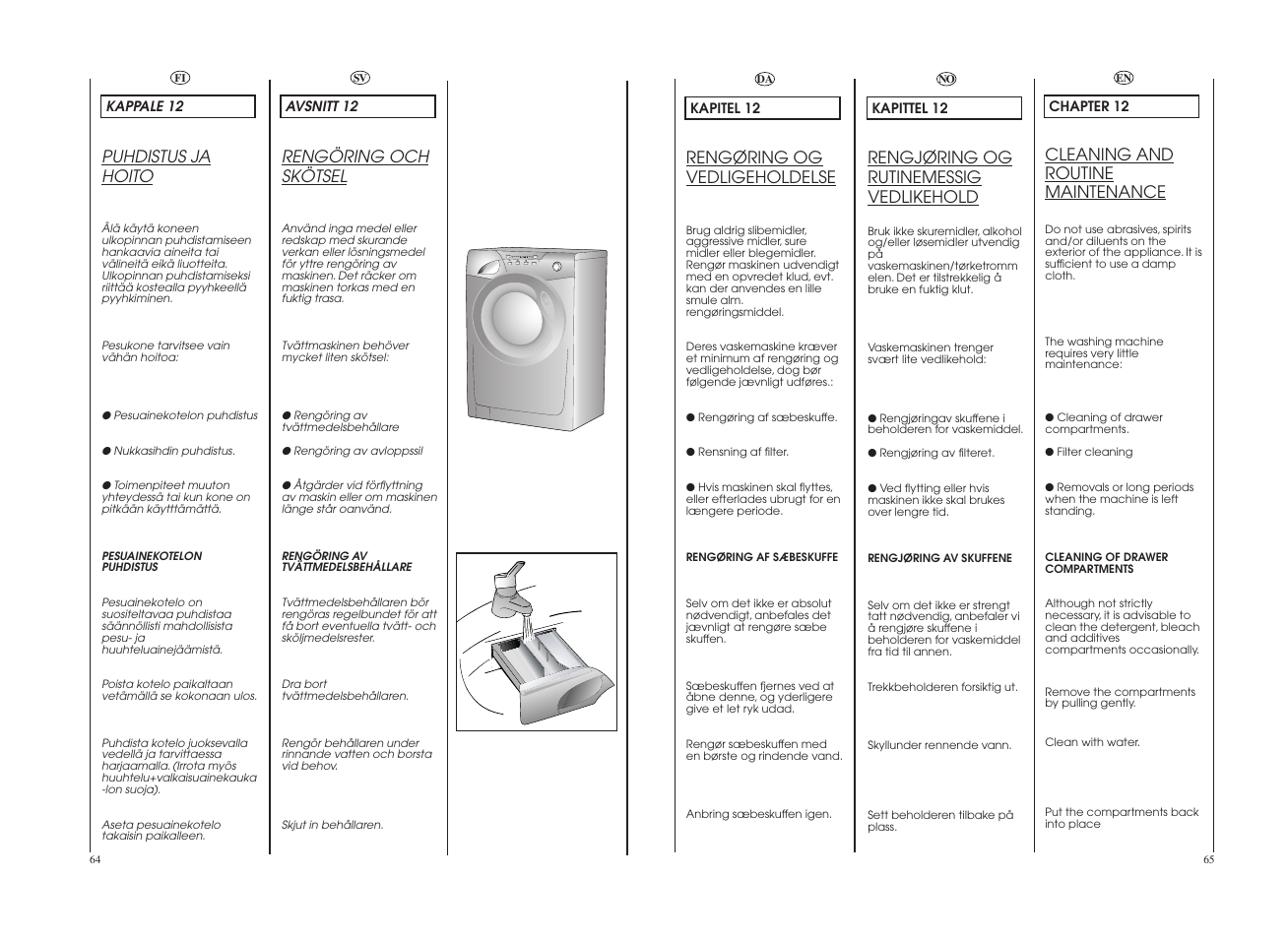 Rengøring og vedligeholdelse, Rengjøring og rutinemessig vedlikehold, Puhdistus ja hoito | Rengöring och skötsel, Cleaning and routine maintenance | Candy GO 129E-86S User Manual | Page 33 / 41