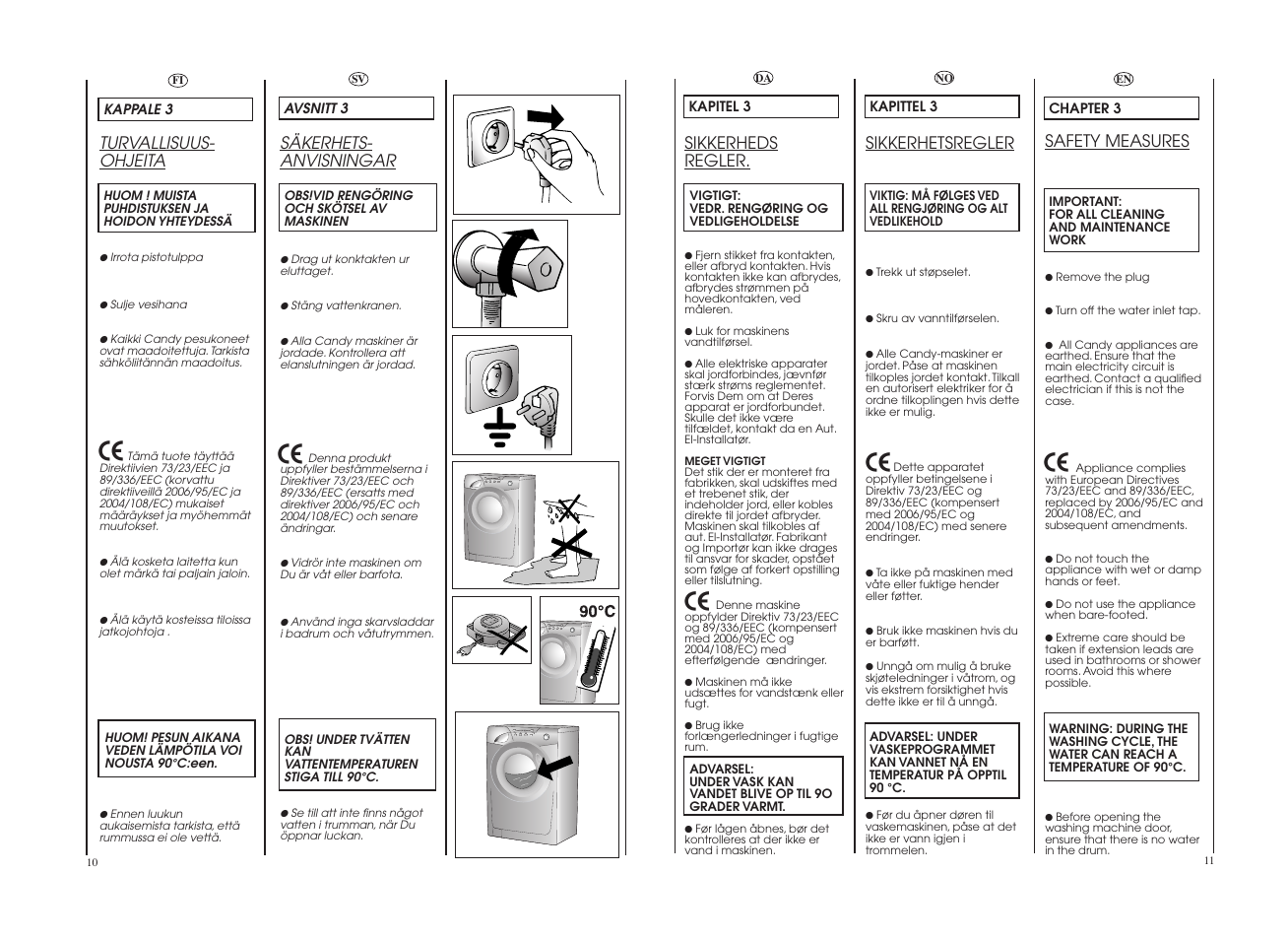 Safety measures, Sikkerheds regler, Sikkerhetsregler | Turvallisuus- ohjeita, Säkerhets- anvisningar | Candy GO 129E-86S User Manual | Page 6 / 41