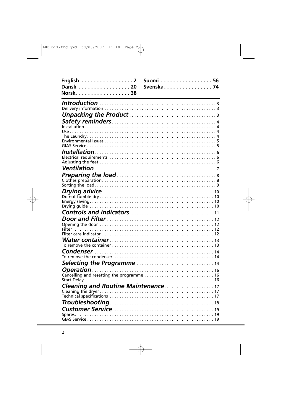 Introduction, Unpacking the product, Safety reminders | Installation, Ventilation, Preparing the load, Drying advice, Controls and indicators, Door and filter, Water container | Candy GO DC 38T-86S User Manual | Page 2 / 92