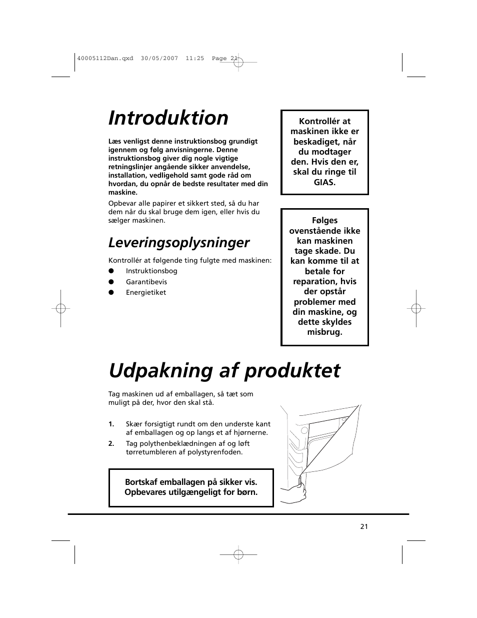 Introduktion, Udpakning af produktet, Leveringsoplysninger | Candy GO DC 38T-86S User Manual | Page 21 / 92